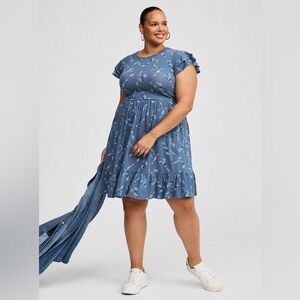 🆕 Torrid NWT Double Ruffle Sleeve Blue Floral Mini Dress with pockets